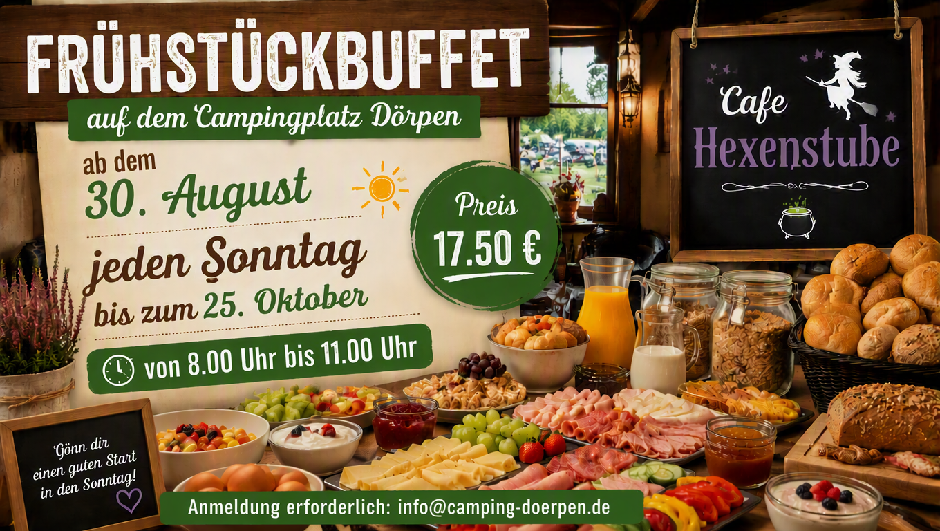 Frühstückbuffet Frühstückbuffet Camping Dörpen im Cafe Hexenstube jeden Sonntag ab dem 30. August bis zum 25. Oktober für 17.50 €