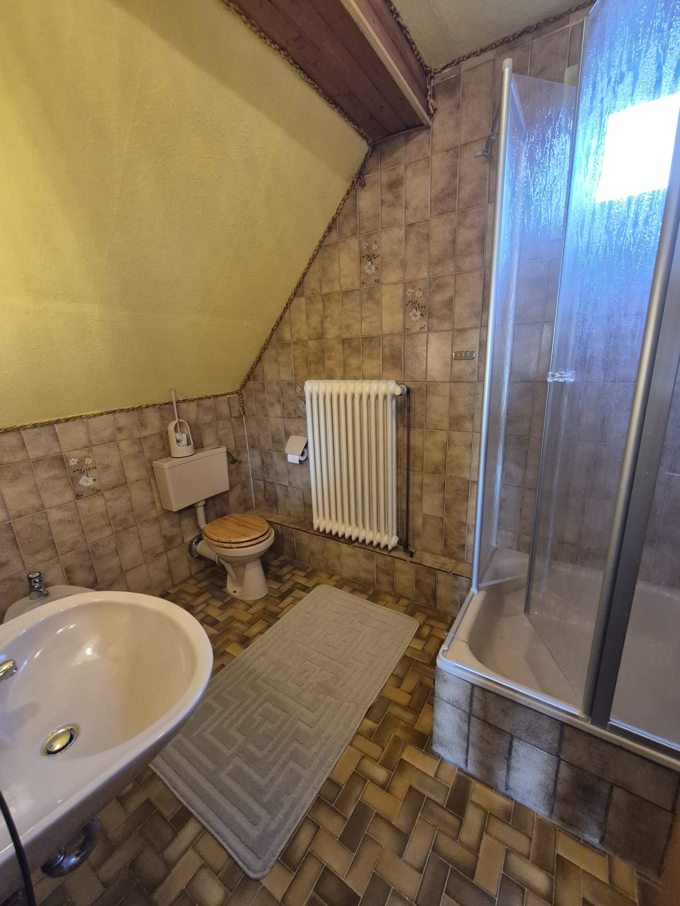 Badezimmer mit Dusche, Toilette, Waschbecken und Fußmatte auf Fliesenboden.